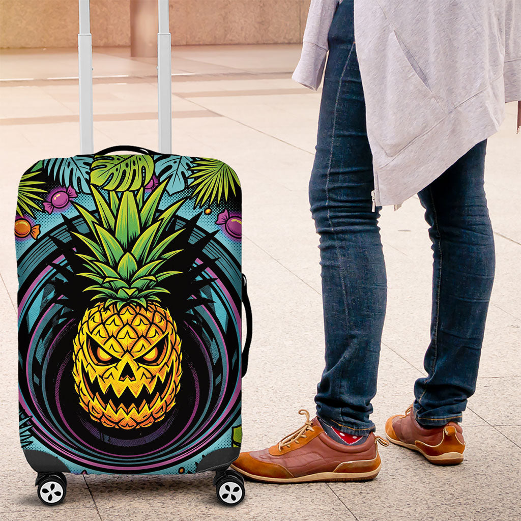 3D Illusion Pineapple Jack O Lantern Halloween Luggage Cover Tropical Spooky Fruit Monstera Swirl