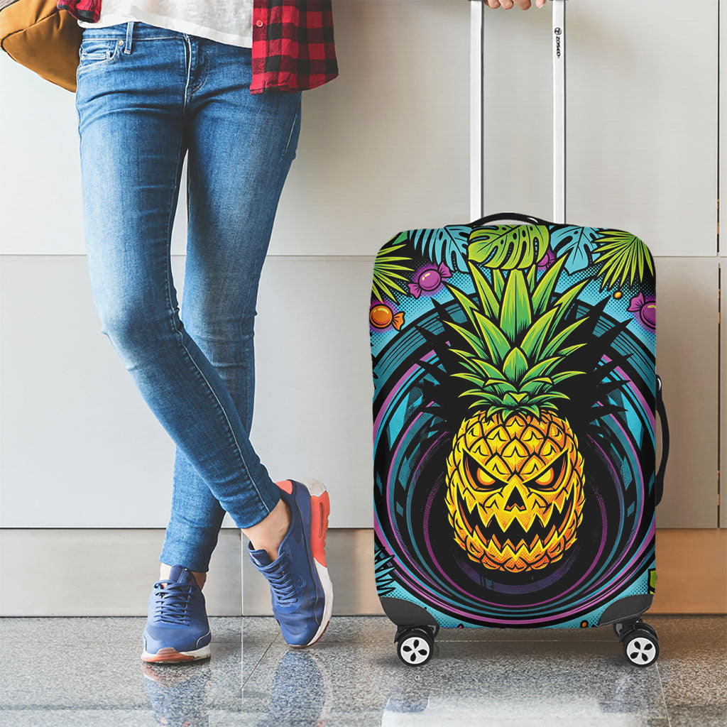 3D Illusion Pineapple Jack O Lantern Halloween Luggage Cover Tropical Spooky Fruit Monstera Swirl