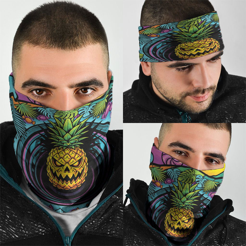 3D Illusion Pineapple Jack O Lantern Halloween Neck Gaiter Tropical Spooky Fruit Monstera Swirl