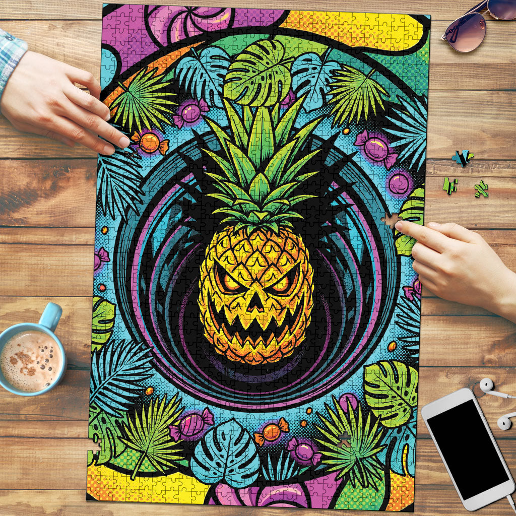 3D Illusion Pineapple Jack O Lantern Halloween Puzzle Tropical Spooky Fruit Monstera Swirl
