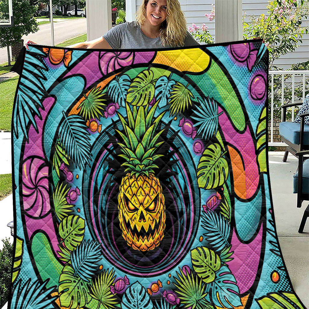 3D Illusion Pineapple Jack O Lantern Halloween Quilt Tropical Spooky Fruit Monstera Swirl