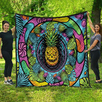 3D Illusion Pineapple Jack O Lantern Halloween Quilt Tropical Spooky Fruit Monstera Swirl