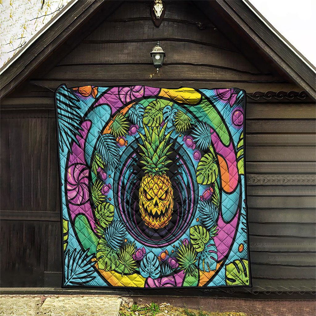 3D Illusion Pineapple Jack O Lantern Halloween Quilt Tropical Spooky Fruit Monstera Swirl