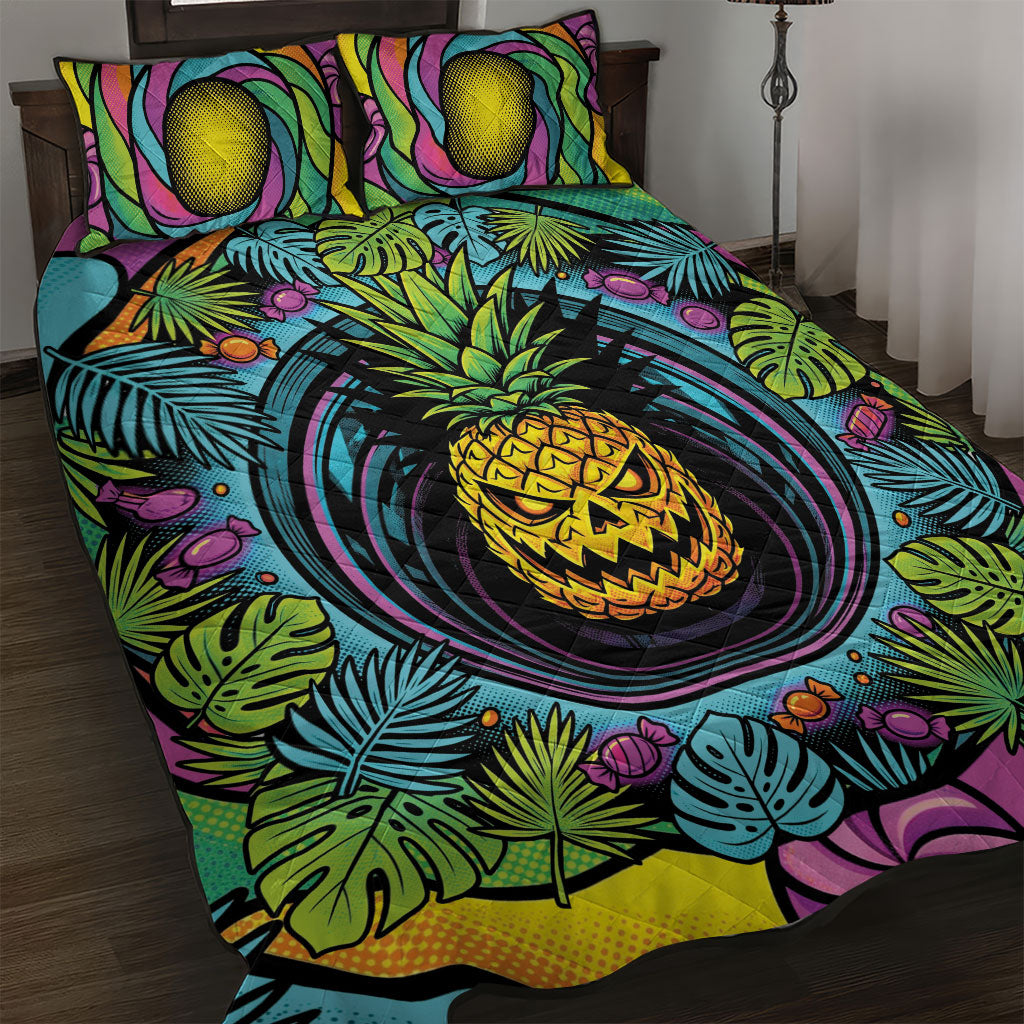 3D Illusion Pineapple Jack O Lantern Halloween Quilt Bed Set Tropical Spooky Fruit Monstera Swirl