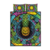 3D Illusion Pineapple Jack O Lantern Halloween Quilt Bed Set Tropical Spooky Fruit Monstera Swirl