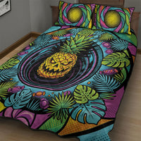 3D Illusion Pineapple Jack O Lantern Halloween Quilt Bed Set Tropical Spooky Fruit Monstera Swirl