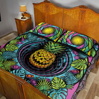 3D Illusion Pineapple Jack O Lantern Halloween Quilt Bed Set Tropical Spooky Fruit Monstera Swirl