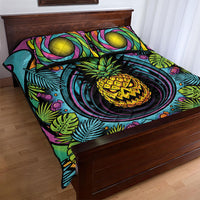 3D Illusion Pineapple Jack O Lantern Halloween Quilt Bed Set Tropical Spooky Fruit Monstera Swirl