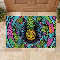 3D Illusion Pineapple Jack O Lantern Halloween Rubber Doormat Tropical Spooky Fruit Monstera Swirl