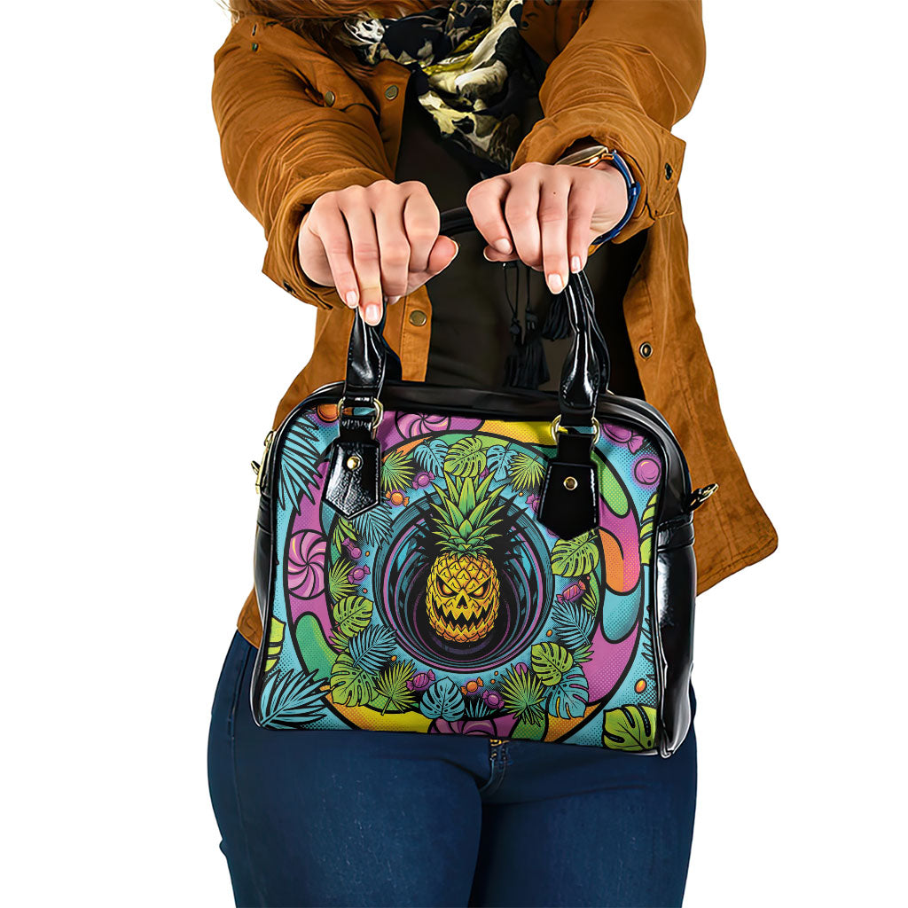 3D Illusion Pineapple Jack O Lantern Halloween Shoulder Handbag Tropical Spooky Fruit Monstera Swirl