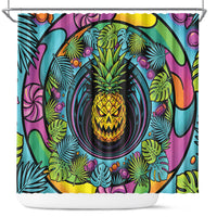 3D Illusion Pineapple Jack O Lantern Halloween Shower Curtain Tropical Spooky Fruit Monstera Swirl