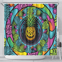3D Illusion Pineapple Jack O Lantern Halloween Shower Curtain Tropical Spooky Fruit Monstera Swirl