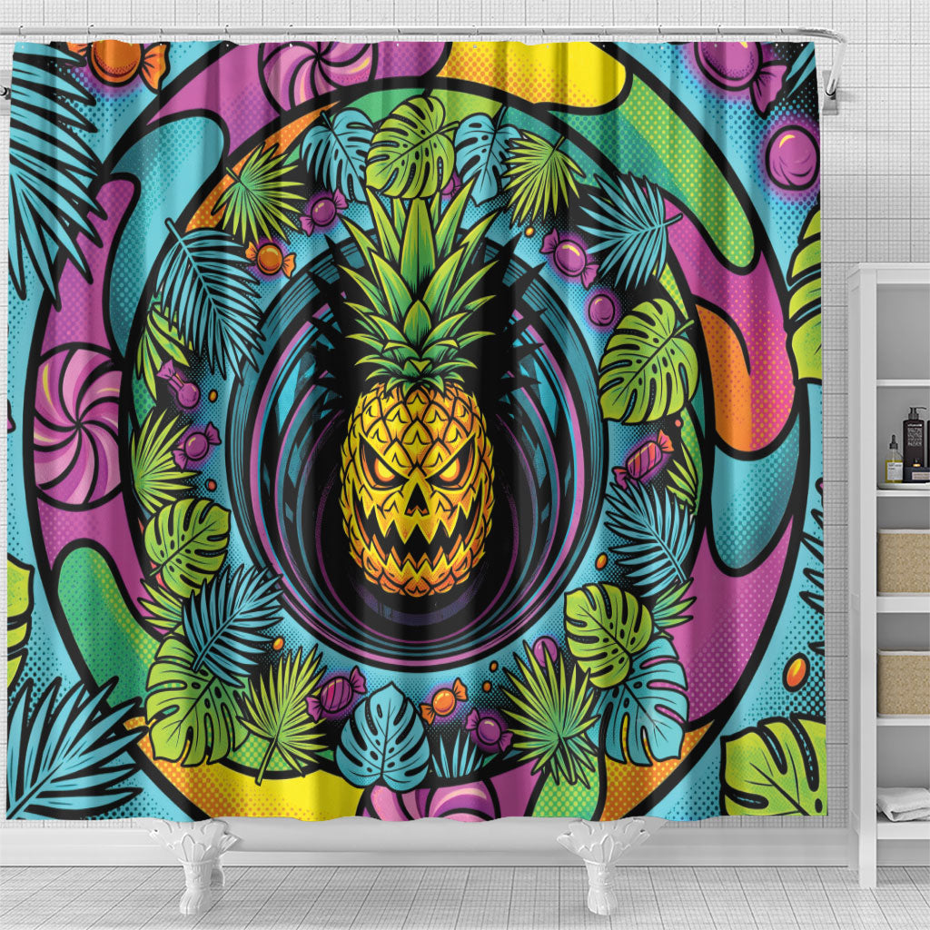 3D Illusion Pineapple Jack O Lantern Halloween Shower Curtain Tropical Spooky Fruit Monstera Swirl