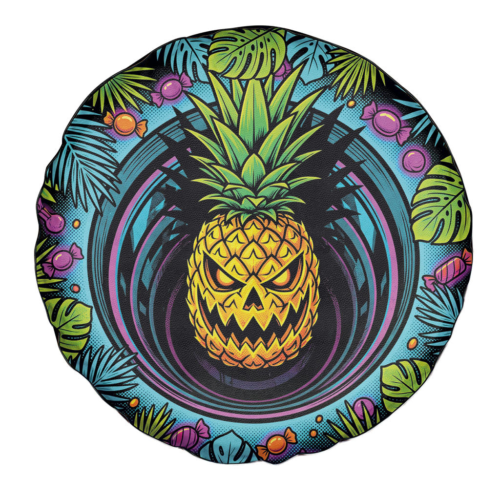 3D Illusion Pineapple Jack O Lantern Halloween Spare Tire Cover Tropical Spooky Fruit Monstera Swirl