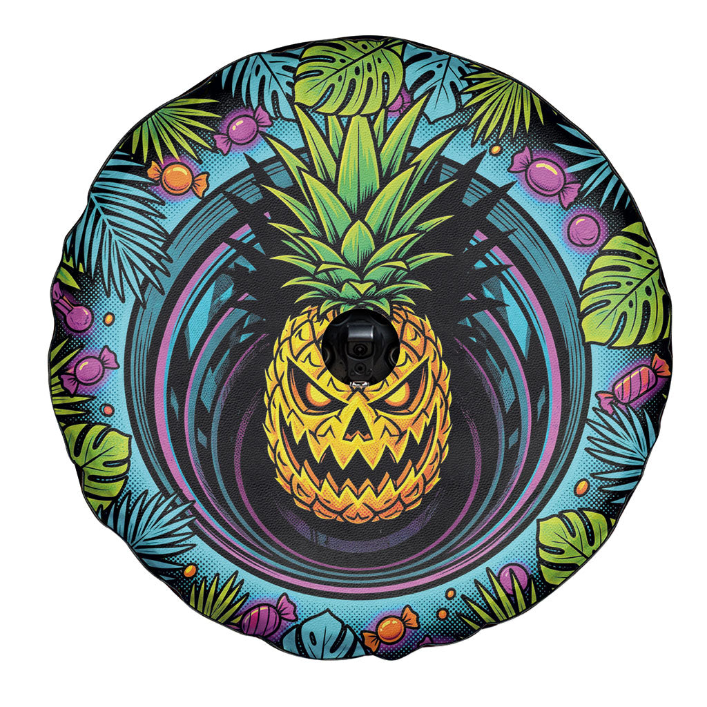 3D Illusion Pineapple Jack O Lantern Halloween Spare Tire Cover Tropical Spooky Fruit Monstera Swirl