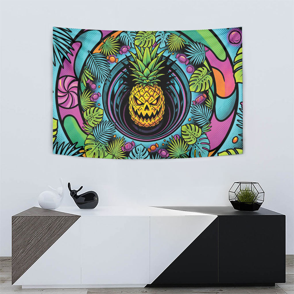3D Illusion Pineapple Jack O Lantern Halloween Tapestry Tropical Spooky Fruit Monstera Swirl