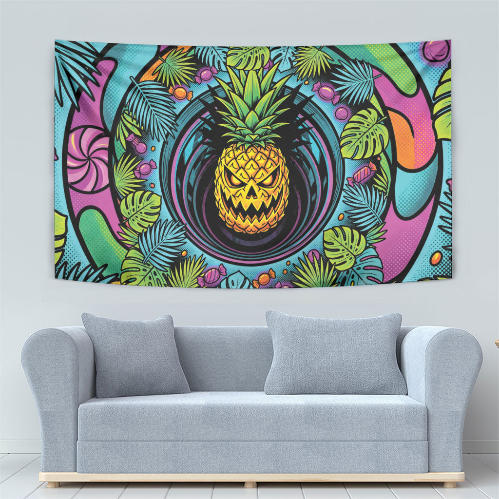 3D Illusion Pineapple Jack O Lantern Halloween Tapestry Tropical Spooky Fruit Monstera Swirl