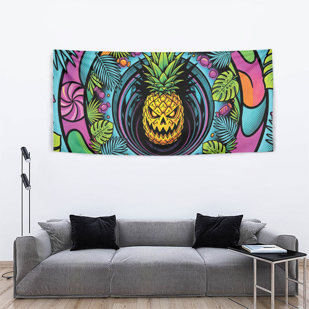 3D Illusion Pineapple Jack O Lantern Halloween Tapestry Tropical Spooky Fruit Monstera Swirl