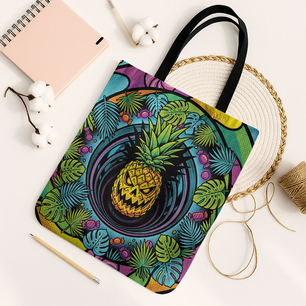 3D Illusion Pineapple Jack O Lantern Halloween Tote Bag Tropical Spooky Fruit Monstera Swirl