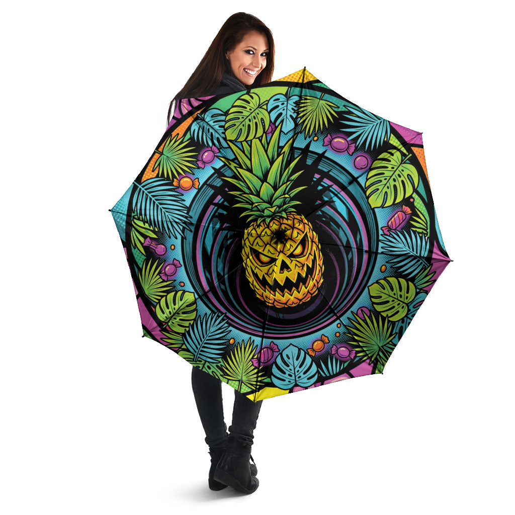 3D Illusion Pineapple Jack O Lantern Halloween Umbrella Tropical Spooky Fruit Monstera Swirl
