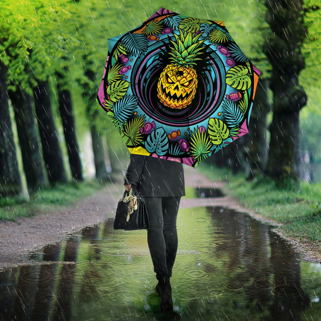 3D Illusion Pineapple Jack O Lantern Halloween Umbrella Tropical Spooky Fruit Monstera Swirl