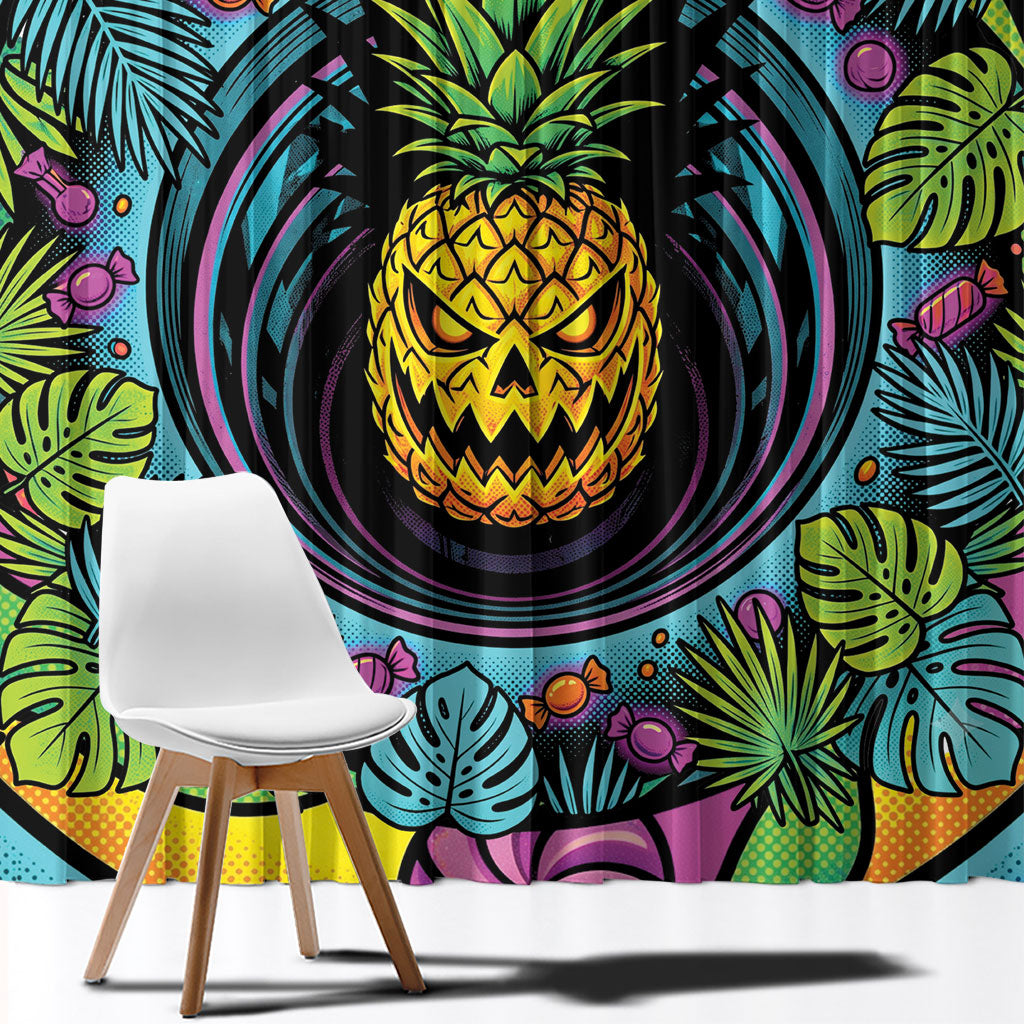 3D Illusion Pineapple Jack O Lantern Halloween Window Curtain Tropical Spooky Fruit Monstera Swirl