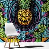 3D Illusion Pineapple Jack O Lantern Halloween Window Curtain Tropical Spooky Fruit Monstera Swirl