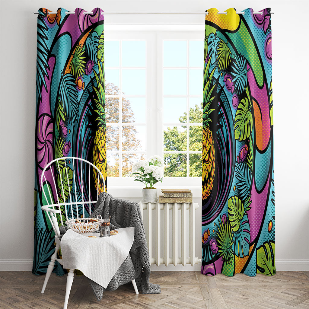3D Illusion Pineapple Jack O Lantern Halloween Window Curtain Tropical Spooky Fruit Monstera Swirl