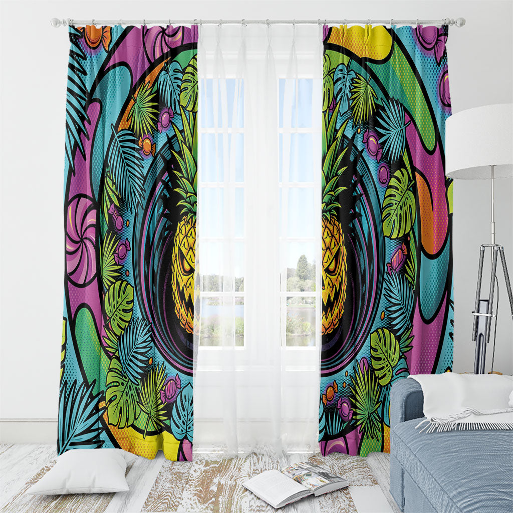 3D Illusion Pineapple Jack O Lantern Halloween Window Curtain Tropical Spooky Fruit Monstera Swirl