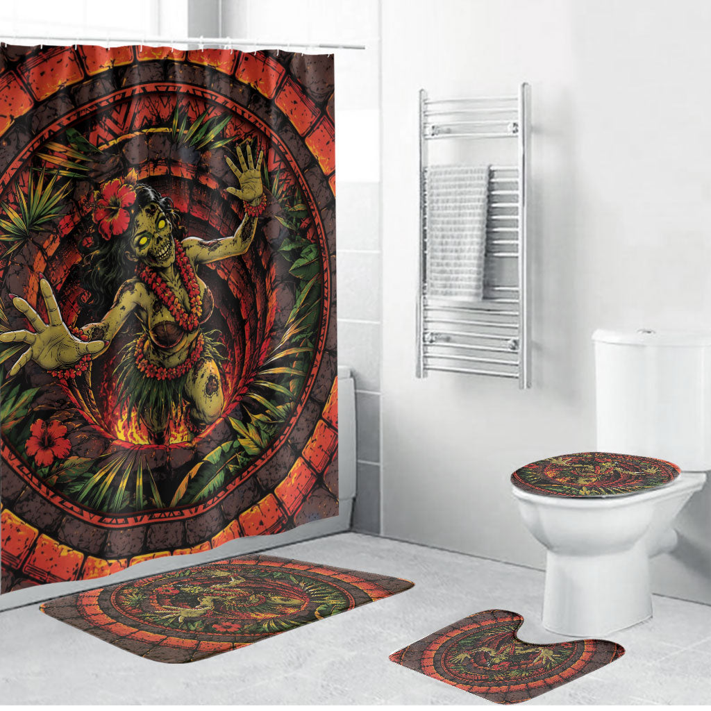 3D Illusion Hula Zombie Halloween Bathroom Set Hawaiian Undead Dancer Volcano Stone Well