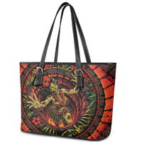 3D Illusion Hula Zombie Halloween Leather Tote Bag Hawaiian Undead Dancer Volcano Stone Well