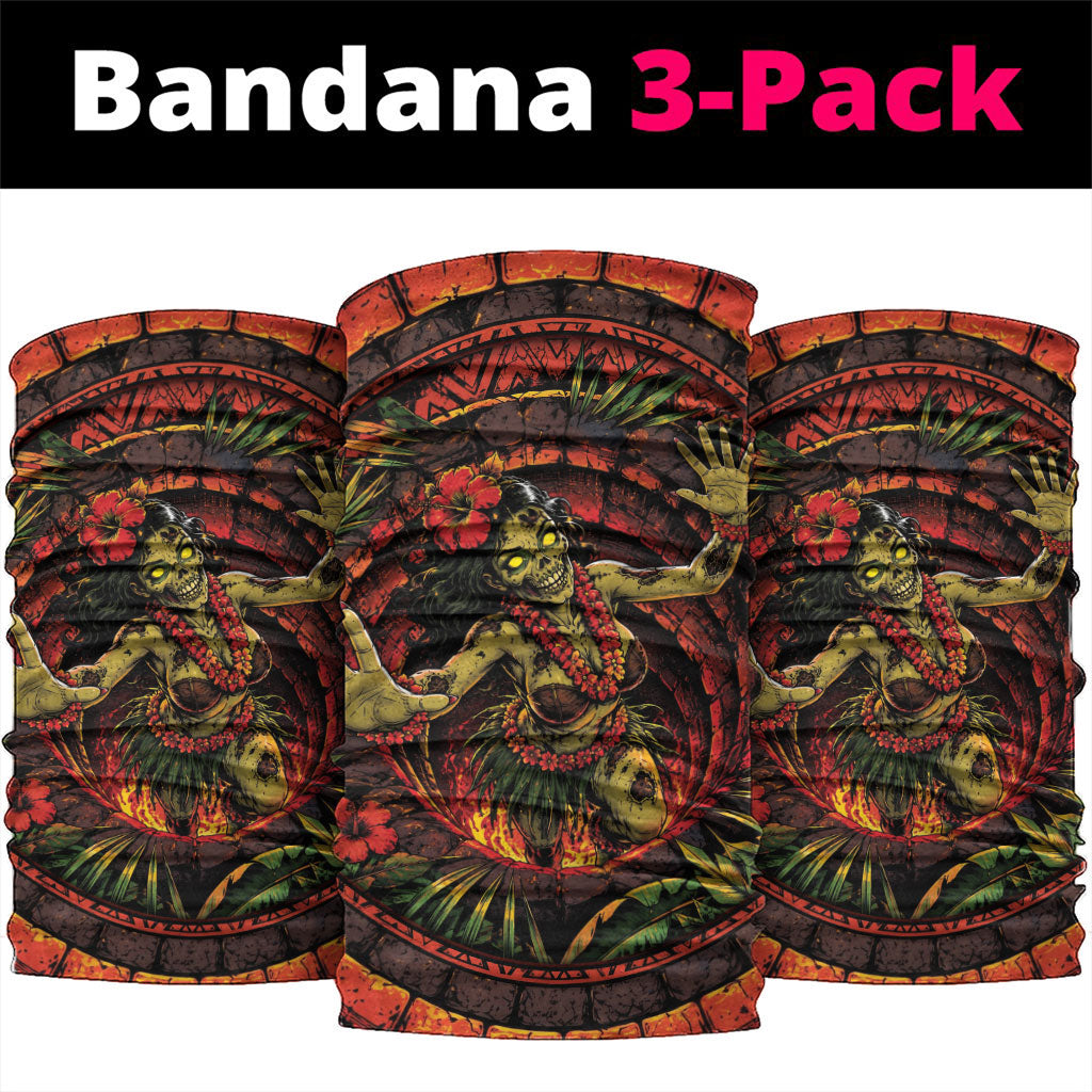 3D Illusion Hula Zombie Halloween Neck Gaiter Hawaiian Undead Dancer Volcano Stone Well