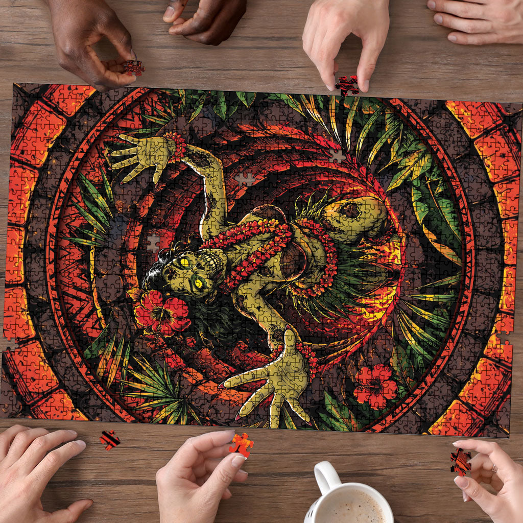 3D Illusion Hula Zombie Halloween Puzzle Hawaiian Undead Dancer Volcano Stone Well