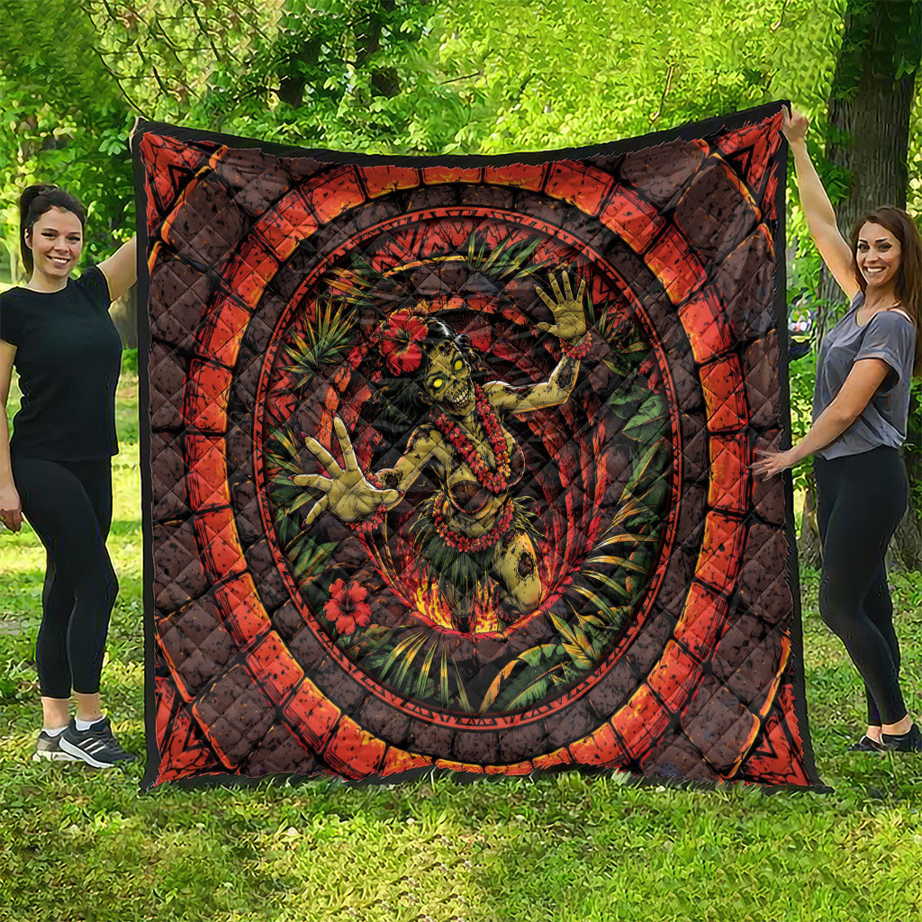 3D Illusion Hula Zombie Halloween Quilt Hawaiian Undead Dancer Volcano Stone Well