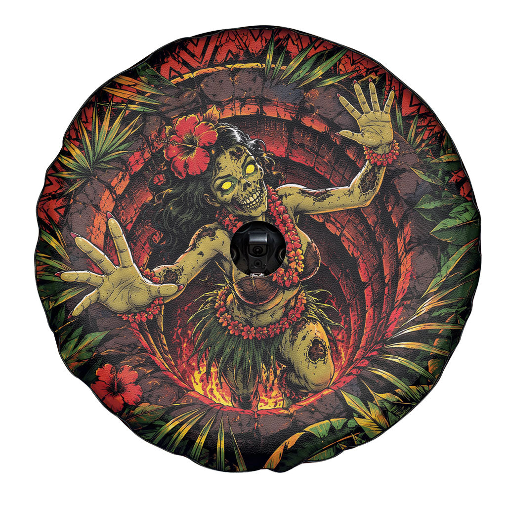3D Illusion Hula Zombie Halloween Spare Tire Cover Hawaiian Undead Dancer Volcano Stone Well