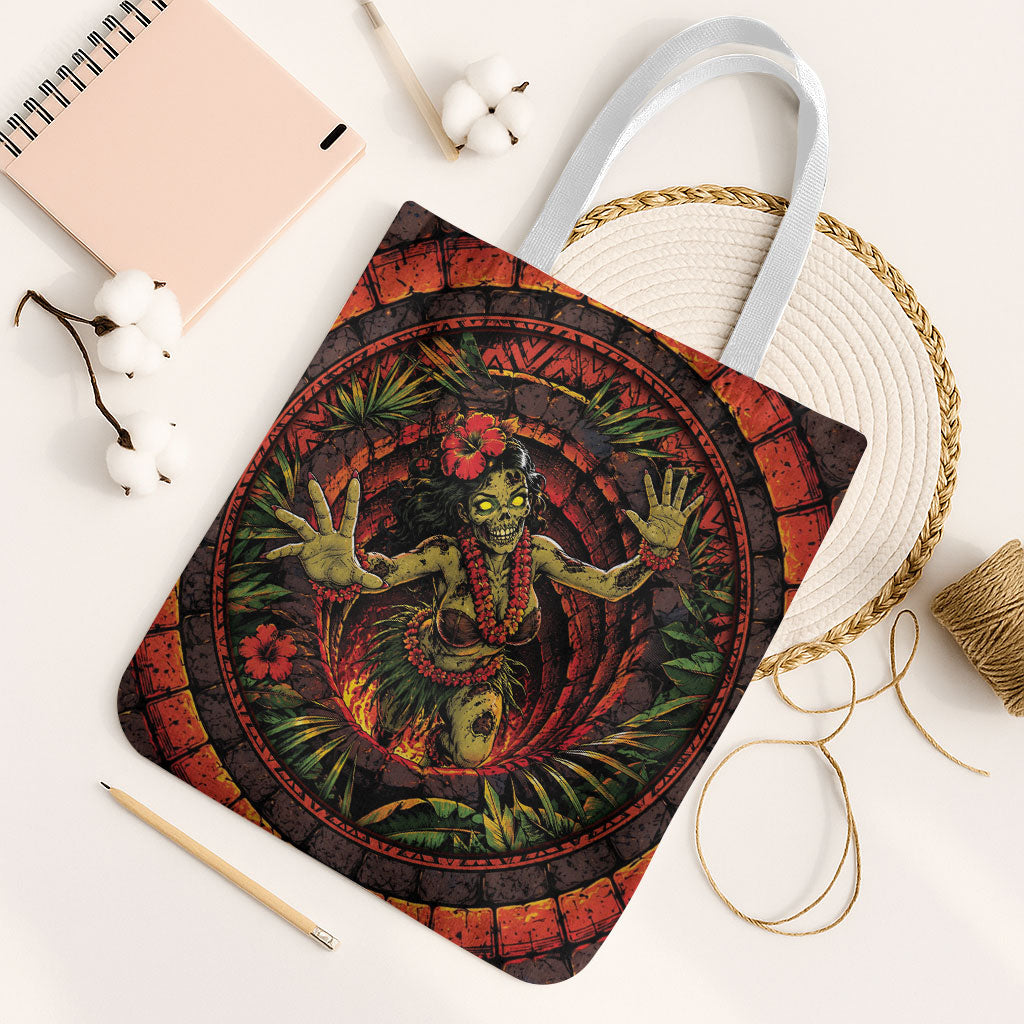 3D Illusion Hula Zombie Halloween Tote Bag Hawaiian Undead Dancer Volcano Stone Well