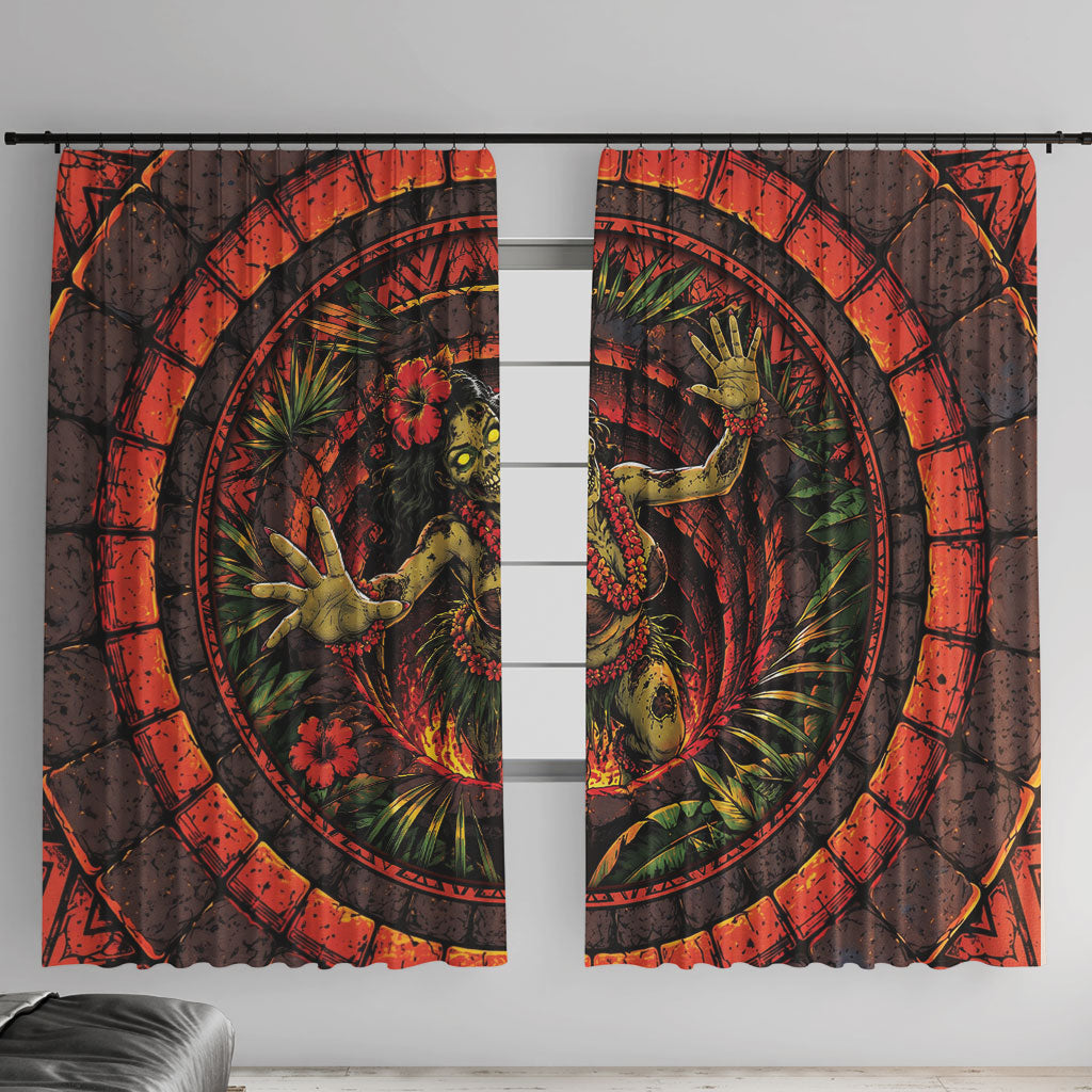 3D Illusion Hula Zombie Halloween Window Curtain Hawaiian Undead Dancer Volcano Stone Well