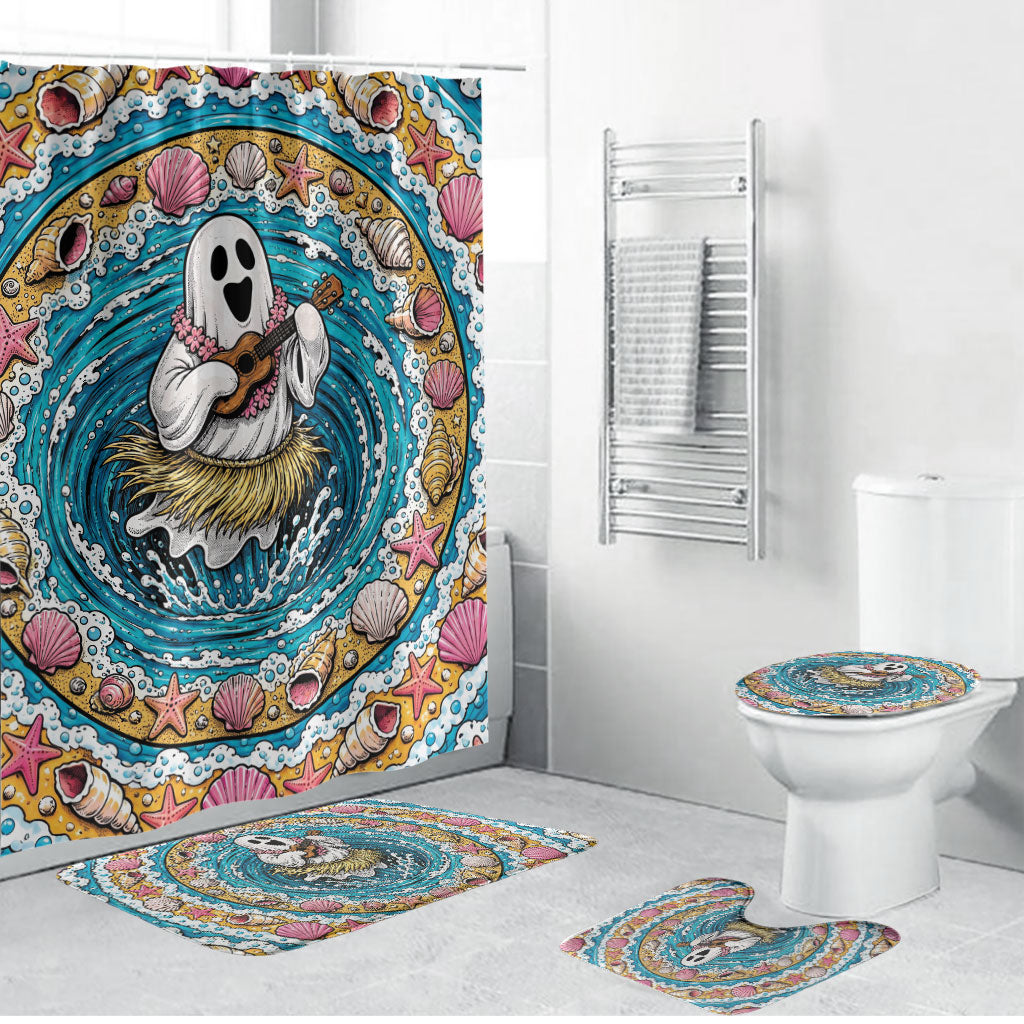 3D Illusion Hula Ghost Halloween Bathroom Set Hawaiian Ukulele Spirit Ocean Vortex