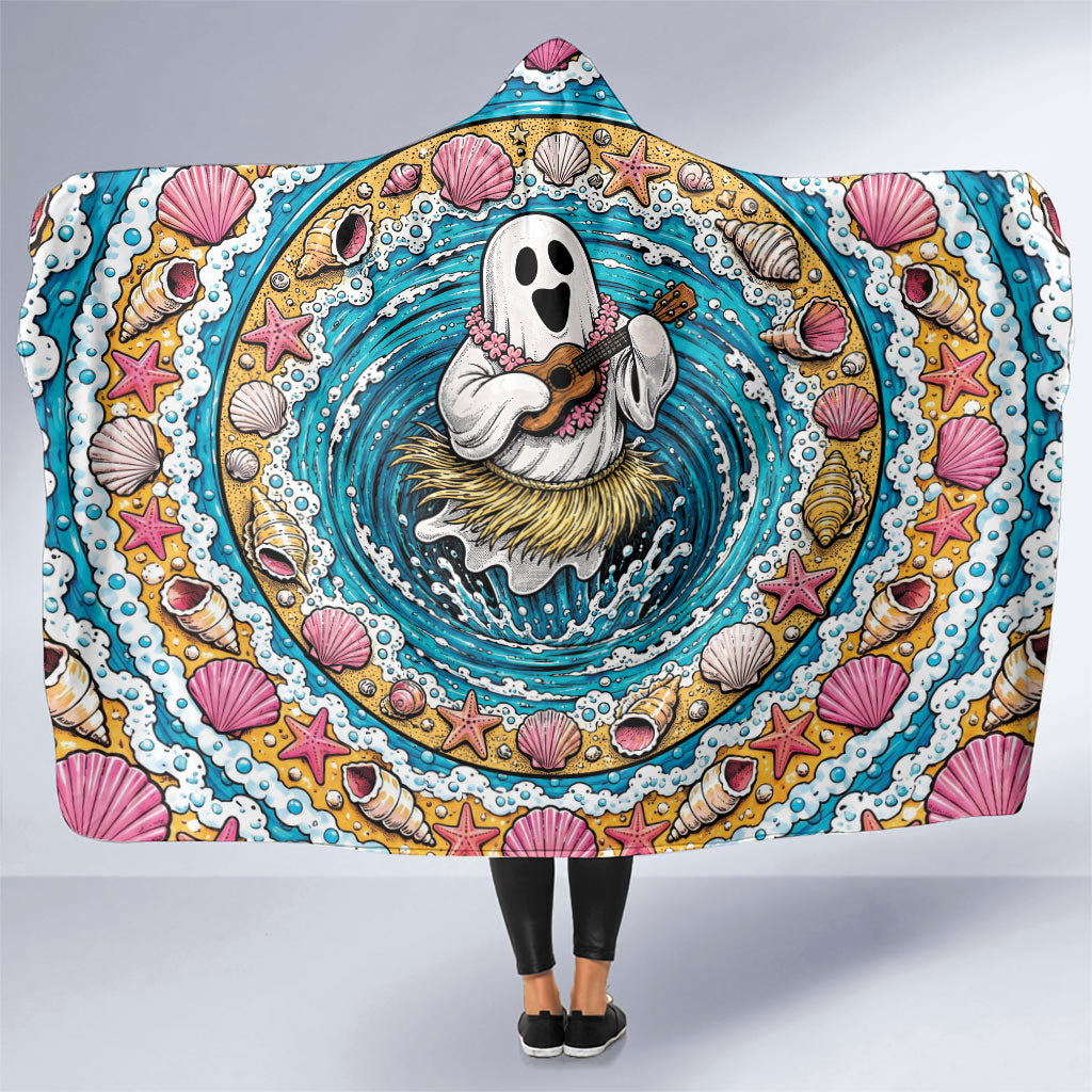 3D Illusion Hula Ghost Halloween Hooded Blanket Hawaiian Ukulele Spirit Ocean Vortex