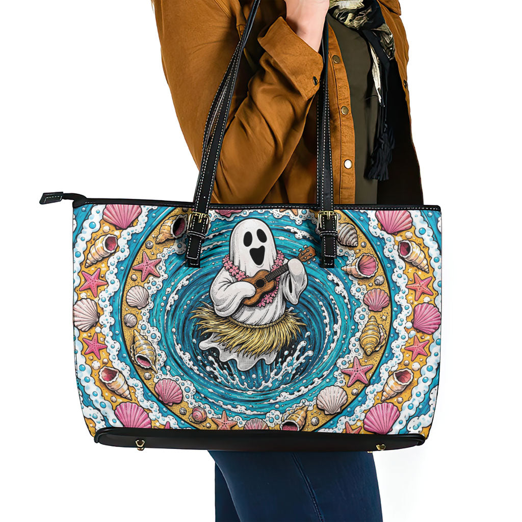 3D Illusion Hula Ghost Halloween Leather Tote Bag Hawaiian Ukulele Spirit Ocean Vortex