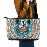 3D Illusion Hula Ghost Halloween Leather Tote Bag Hawaiian Ukulele Spirit Ocean Vortex