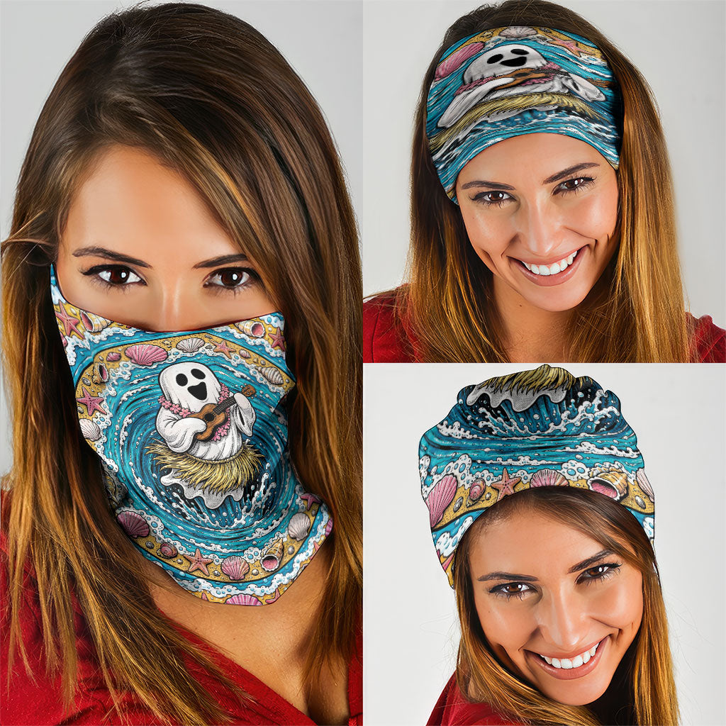 3D Illusion Hula Ghost Halloween Neck Gaiter Hawaiian Ukulele Spirit Ocean Vortex