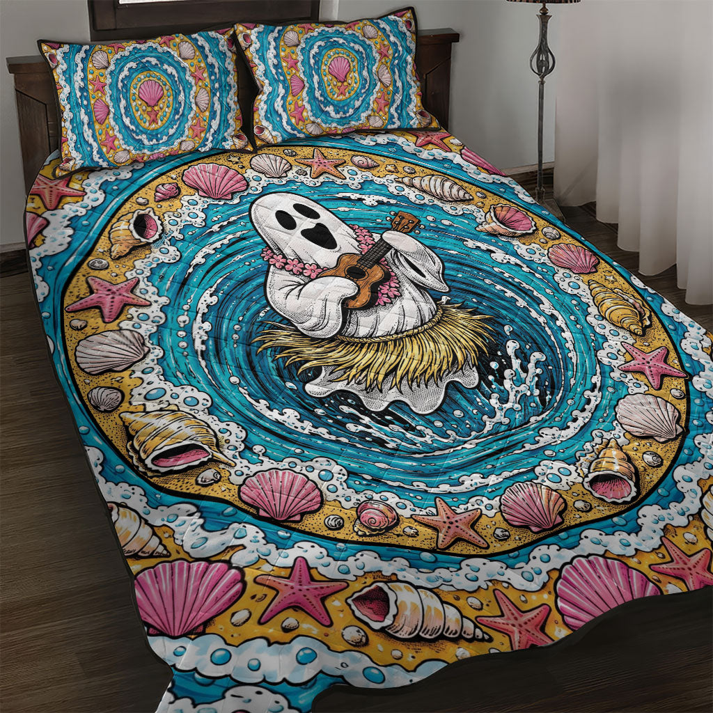3D Illusion Hula Ghost Halloween Quilt Bed Set Hawaiian Ukulele Spirit Ocean Vortex