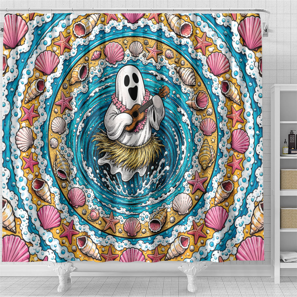 3D Illusion Hula Ghost Halloween Shower Curtain Hawaiian Ukulele Spirit Ocean Vortex