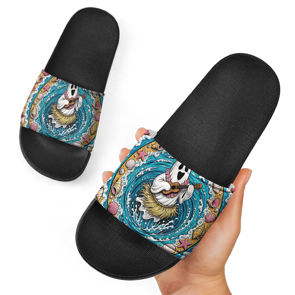 3D Illusion Hula Ghost Halloween Slide Sandals Hawaiian Ukulele Spirit Ocean Vortex