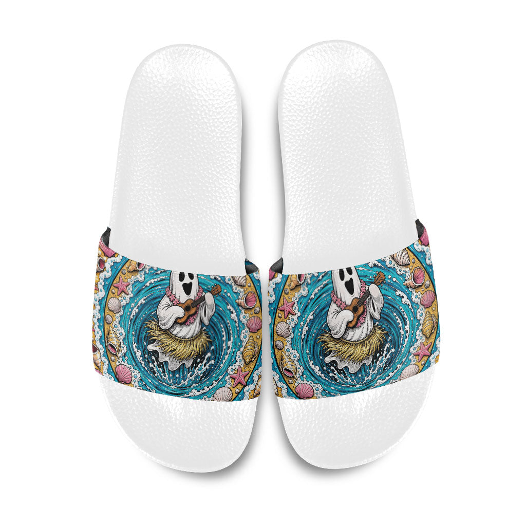 3D Illusion Hula Ghost Halloween Slide Sandals Hawaiian Ukulele Spirit Ocean Vortex