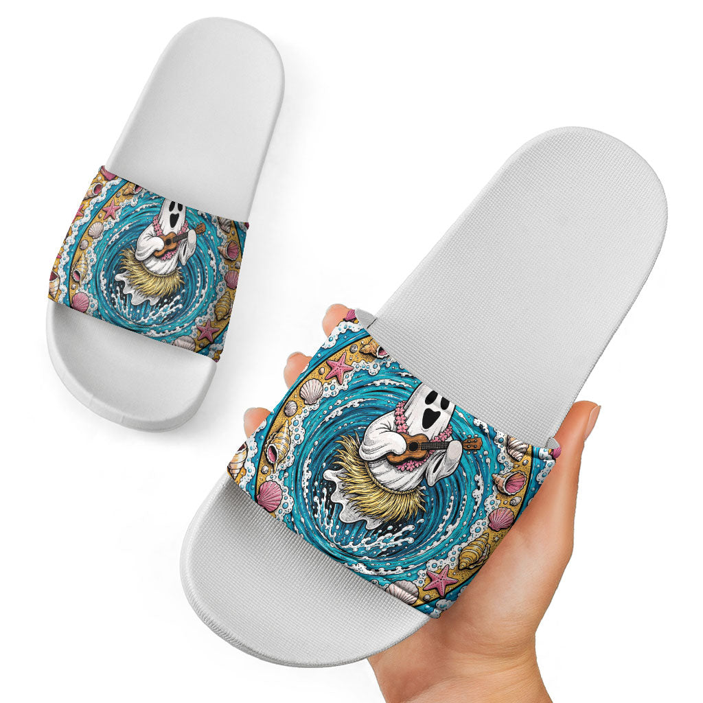 3D Illusion Hula Ghost Halloween Slide Sandals Hawaiian Ukulele Spirit Ocean Vortex