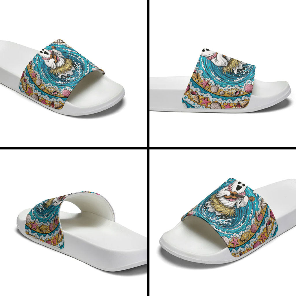 3D Illusion Hula Ghost Halloween Slide Sandals Hawaiian Ukulele Spirit Ocean Vortex