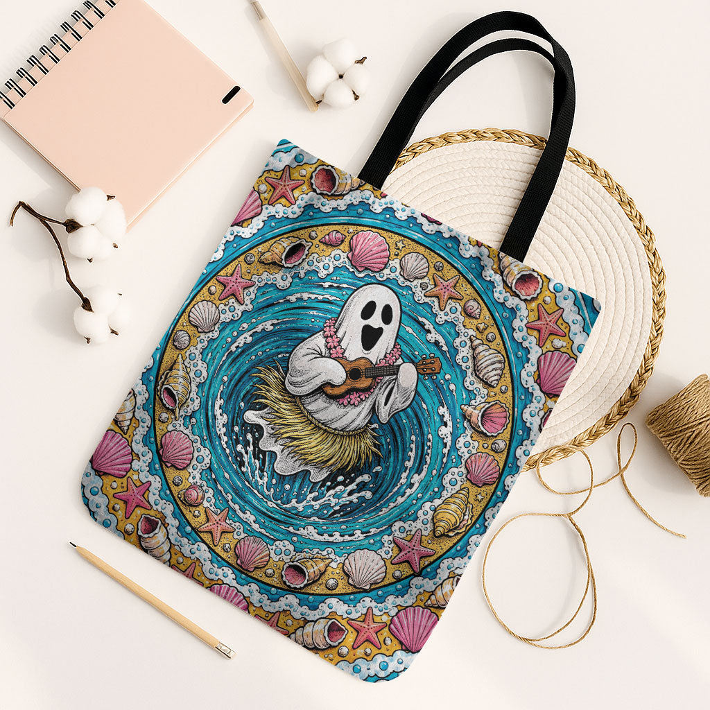3D Illusion Hula Ghost Halloween Tote Bag Hawaiian Ukulele Spirit Ocean Vortex