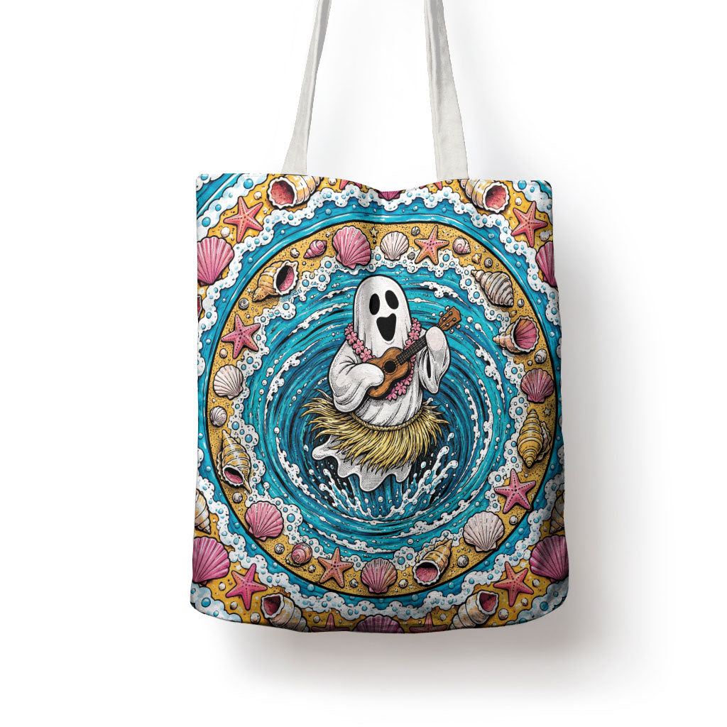 3D Illusion Hula Ghost Halloween Tote Bag Hawaiian Ukulele Spirit Ocean Vortex